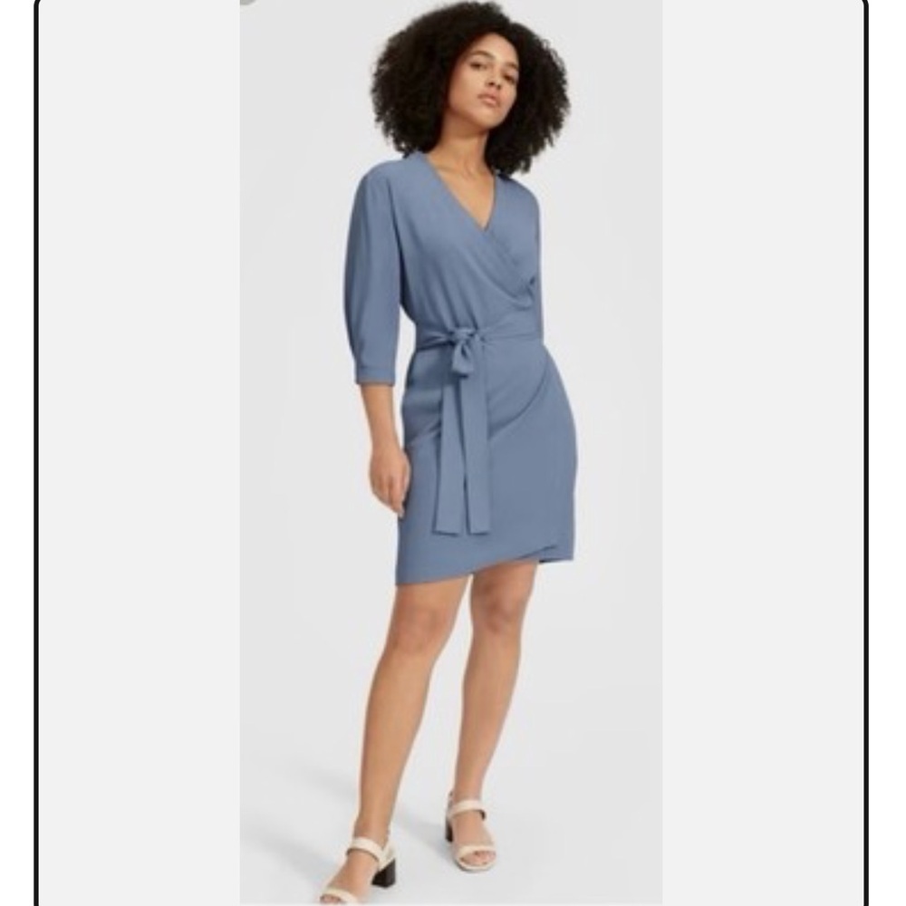 Everlane The Japanese GoWeave Long Sleeve Mini Wrap Dress Slate Blue 6 Secretary